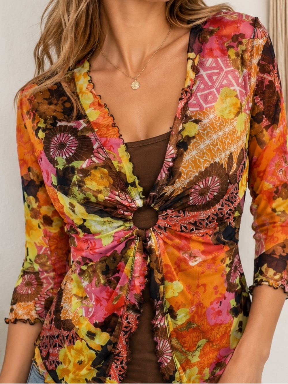 Vintage Y2K Laura Ashley Floral Mesh Lettuce Trim Boho Top S